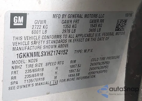 2017 GMC Acadia Slt-1 z USA, uszkodzony, nr VIN 1GKKNMLSXHZ174152